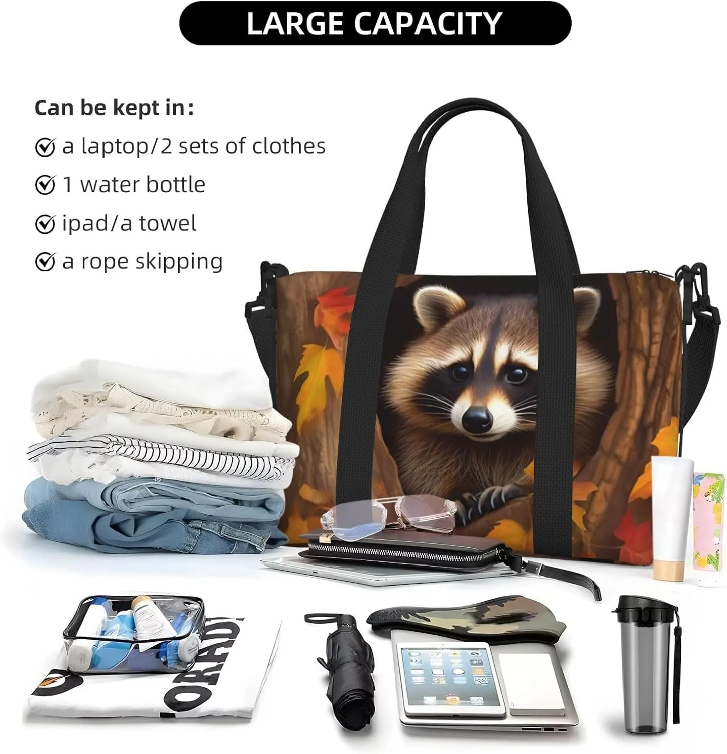 Sports Gym Bag for Women Men Travel Duffel Bag Tote Raccoon in The Fall Tree Hole Weekender Bag Canvas Carry on Overnight Bag for Travel Swimming Fitness Workout Sports Duffle Bag