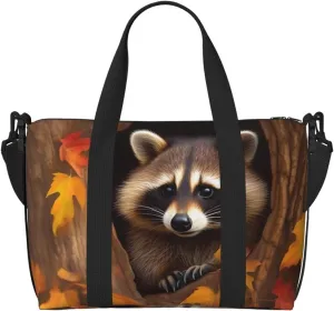 Sports Gym Bag for Women Men Travel Duffel Bag Tote Raccoon in The Fall Tree Hole Weekender Bag Canvas Carry on Overnight Bag for Travel Swimming Fitness Workout Sports Duffle Bag