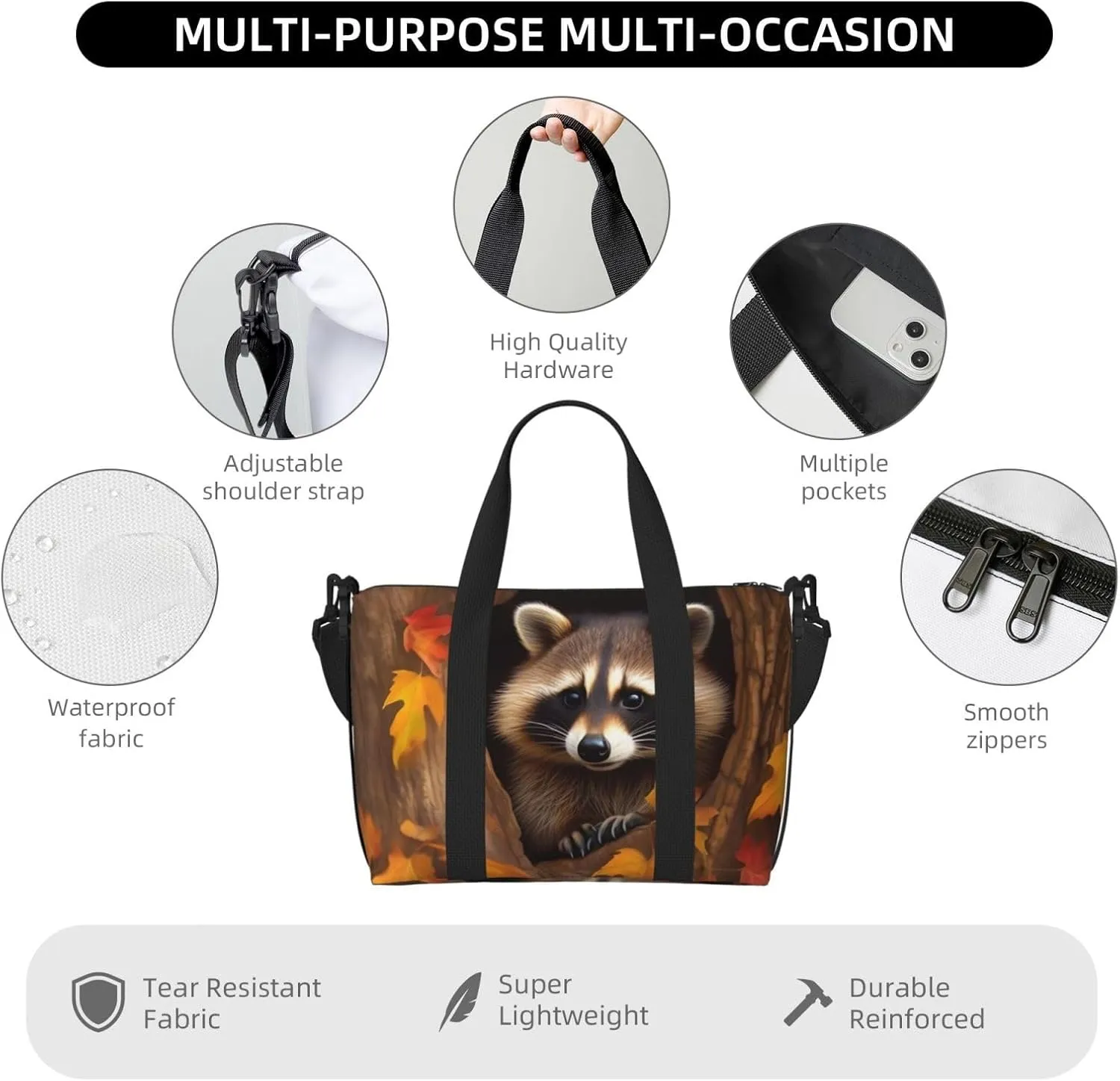 Sports Gym Bag for Women Men Travel Duffel Bag Tote Raccoon in The Fall Tree Hole Weekender Bag Canvas Carry on Overnight Bag for Travel Swimming Fitness Workout Sports Duffle Bag