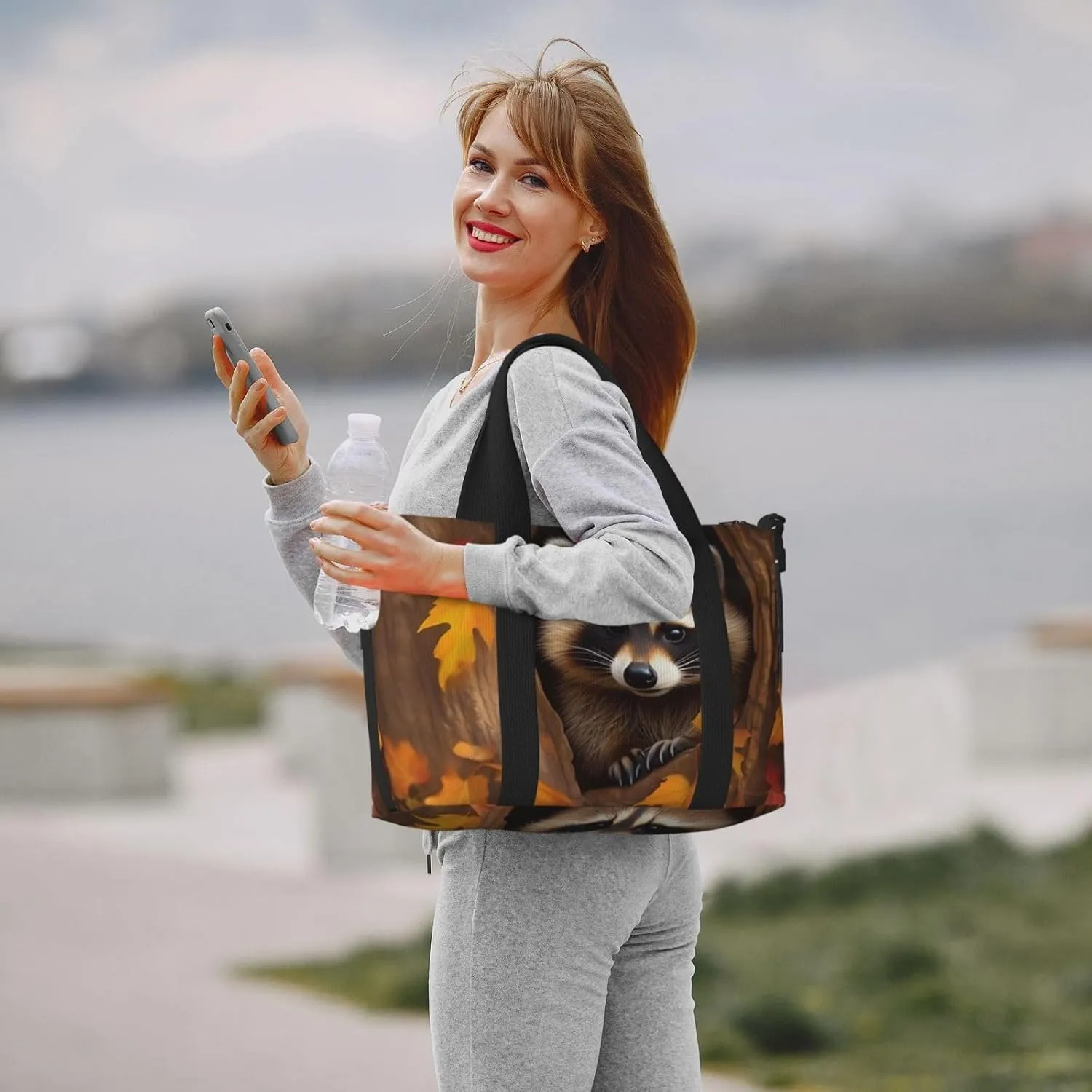 Sports Gym Bag for Women Men Travel Duffel Bag Tote Raccoon in The Fall Tree Hole Weekender Bag Canvas Carry on Overnight Bag for Travel Swimming Fitness Workout Sports Duffle Bag