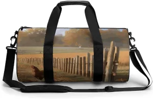Sports Gym Bag for Women Men Travel Duffel Bag Tote Weekender Bag Chicken Wood Stake Farmland Carry on Overnight Bag for Travel Swimming Fitness Workout Sports Duffle Bag