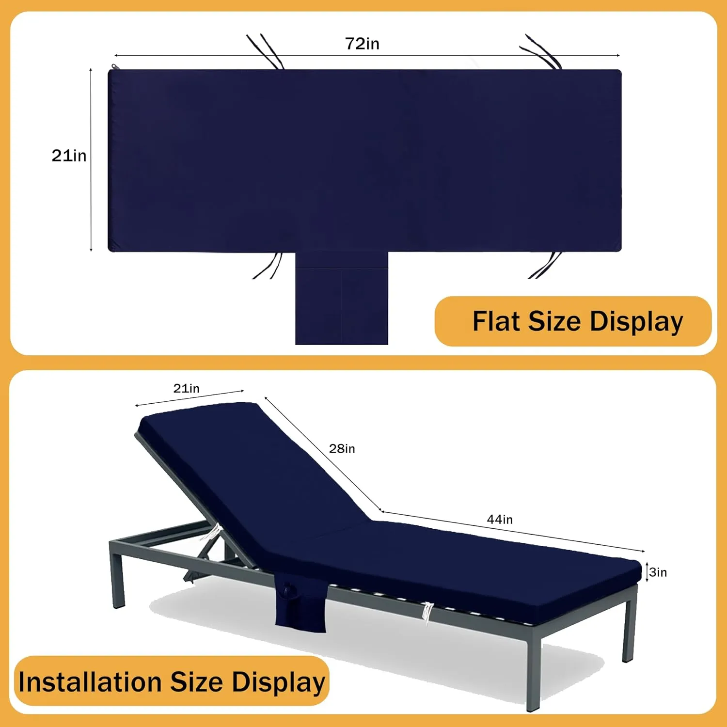 Sqodok Outdoor Chaise Lounge Cushion Cover Replacement, Waterproof Outdoor Patio Lounge Chair Cushion Slipcover, Patio Furniture Cushions Cover with Ties & Pocket (Blue, 72"x21"x3"-2 Pack-Cover ONLY)