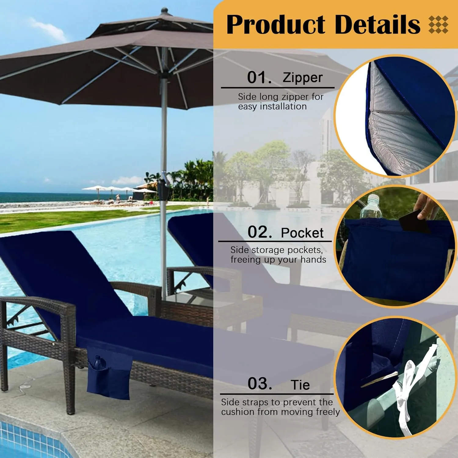 Sqodok Outdoor Chaise Lounge Cushion Cover Replacement, Waterproof Outdoor Patio Lounge Chair Cushion Slipcover, Patio Furniture Cushions Cover with Ties & Pocket (Blue, 72"x21"x3"-2 Pack-Cover ONLY)