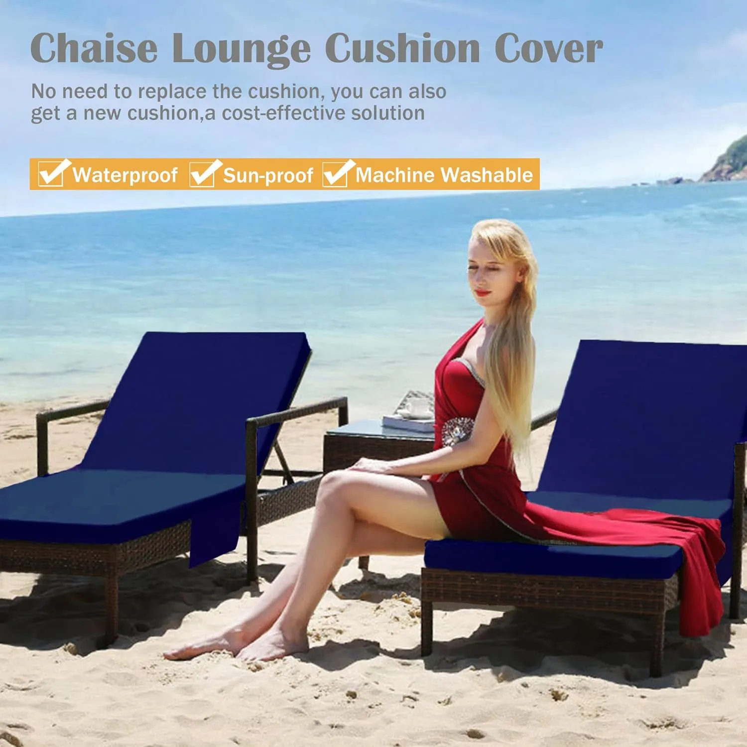 Sqodok Outdoor Chaise Lounge Cushion Cover Replacement, Waterproof Outdoor Patio Lounge Chair Cushion Slipcover, Patio Furniture Cushions Cover with Ties & Pocket (Blue, 72"x21"x3"-2 Pack-Cover ONLY)