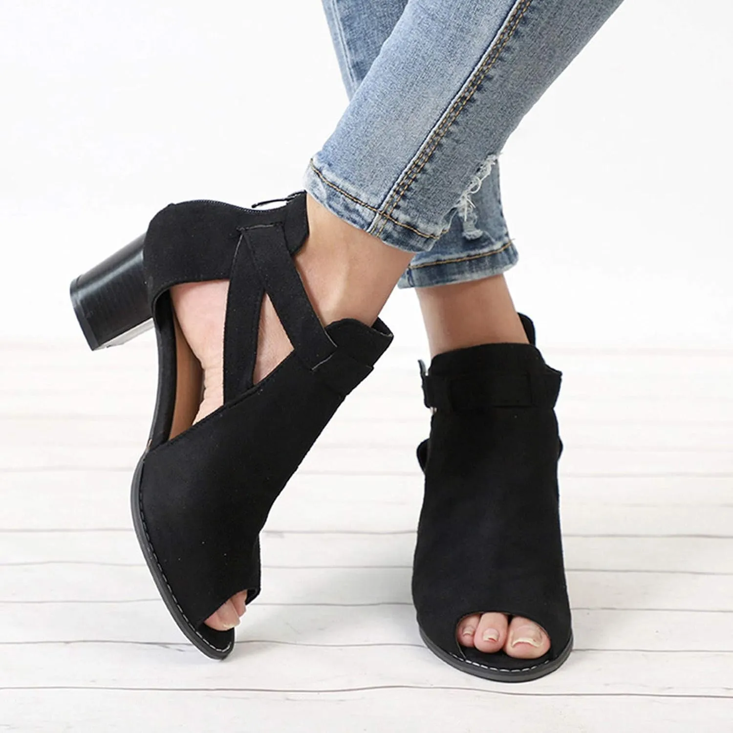 Summer Sandals for Women, Womens Sandals Suede Peep Toe Ankle Booties Cut Out Stacked Block Heel Ankle Boots