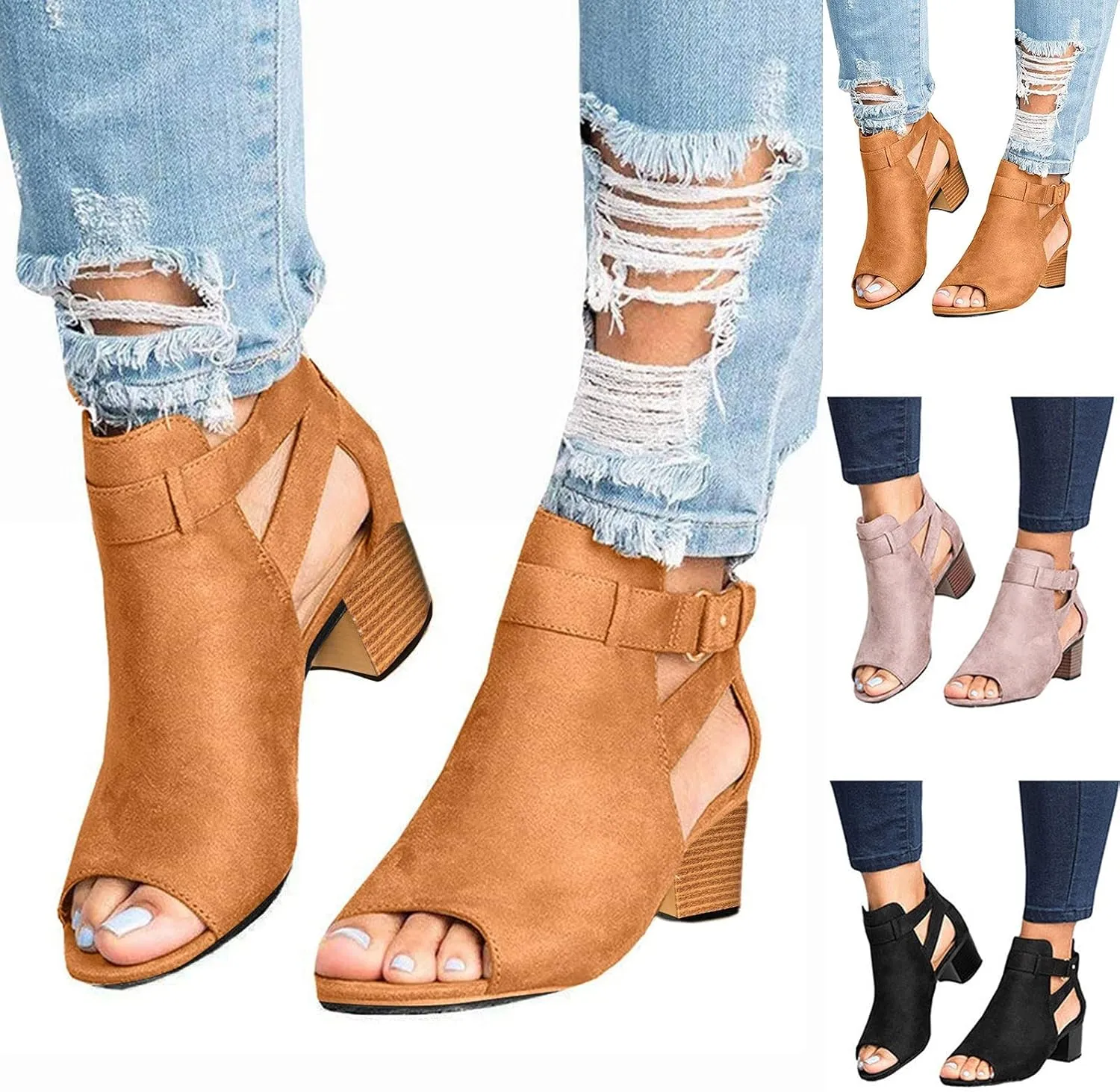 Summer Sandals for Women, Womens Sandals Suede Peep Toe Ankle Booties Cut Out Stacked Block Heel Ankle Boots