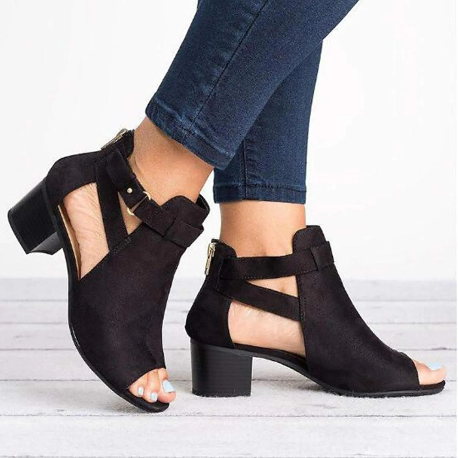 Summer Sandals for Women, Womens Sandals Suede Peep Toe Ankle Booties Cut Out Stacked Block Heel Ankle Boots