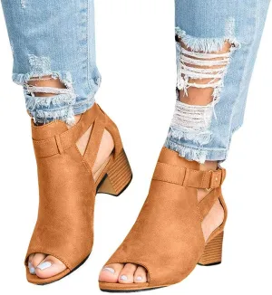Summer Sandals for Women, Womens Sandals Suede Peep Toe Ankle Booties Cut Out Stacked Block Heel Ankle Boots