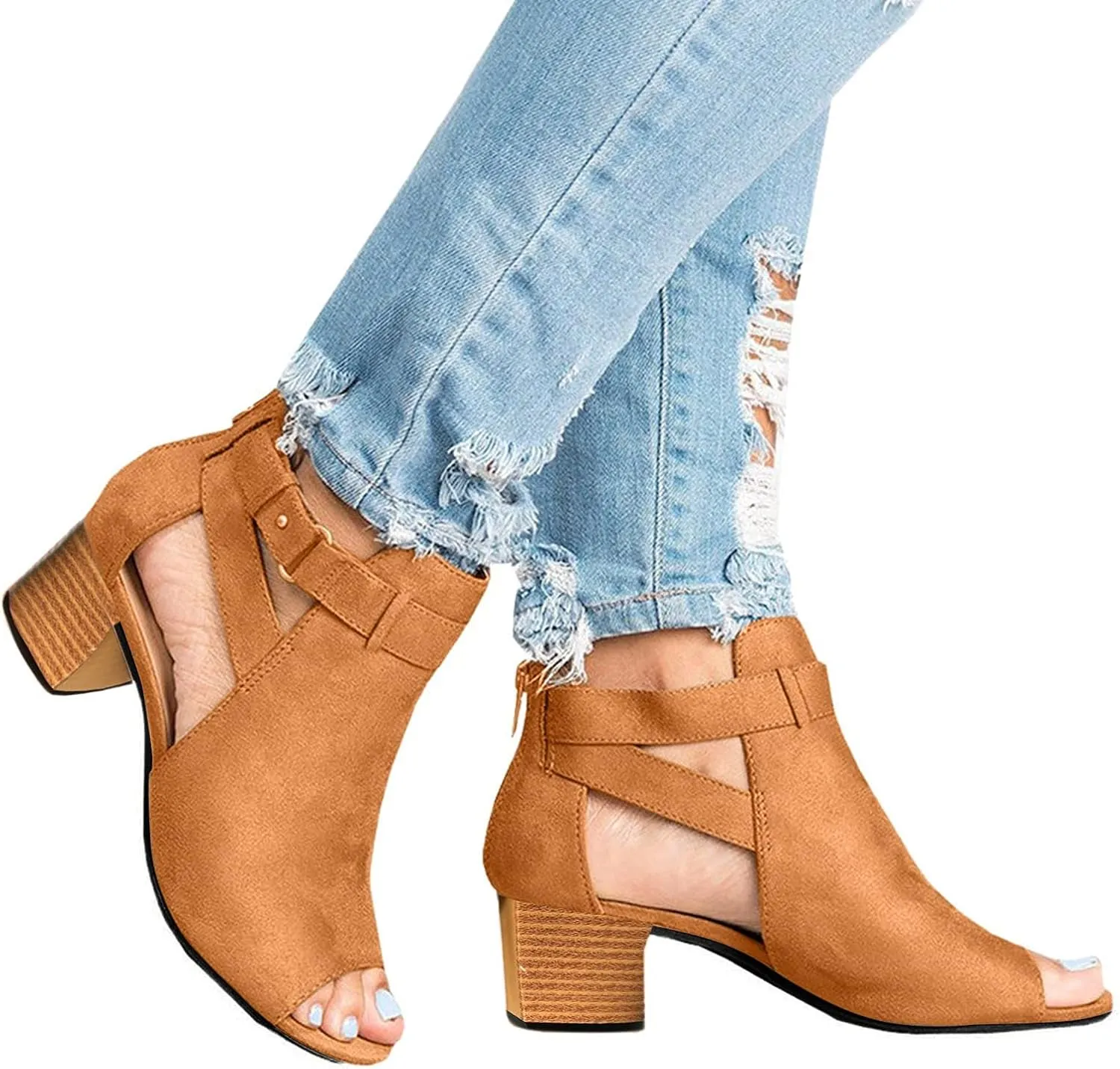 Summer Sandals for Women, Womens Sandals Suede Peep Toe Ankle Booties Cut Out Stacked Block Heel Ankle Boots