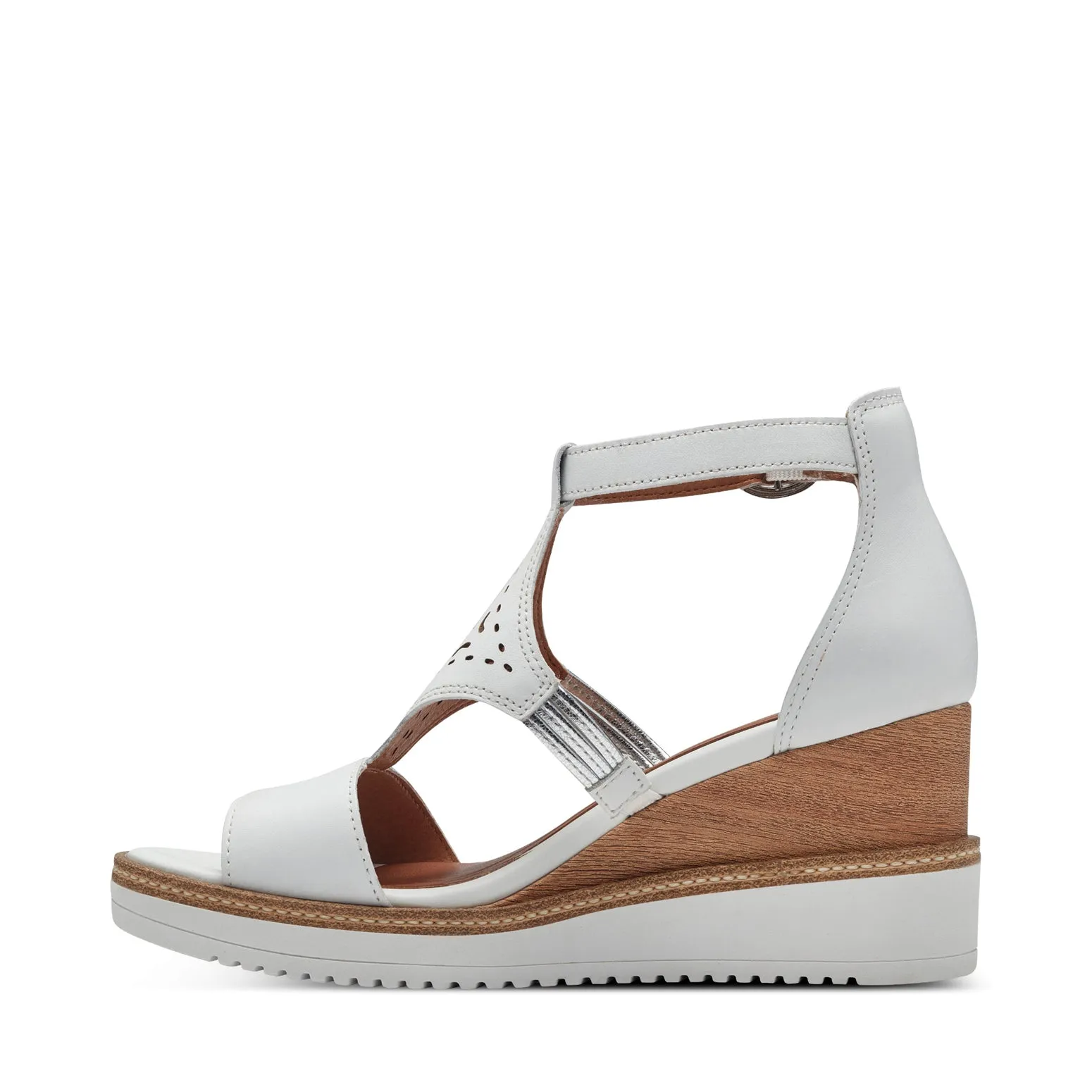 Tamaris T-Bar Leather Wedge Sandal White