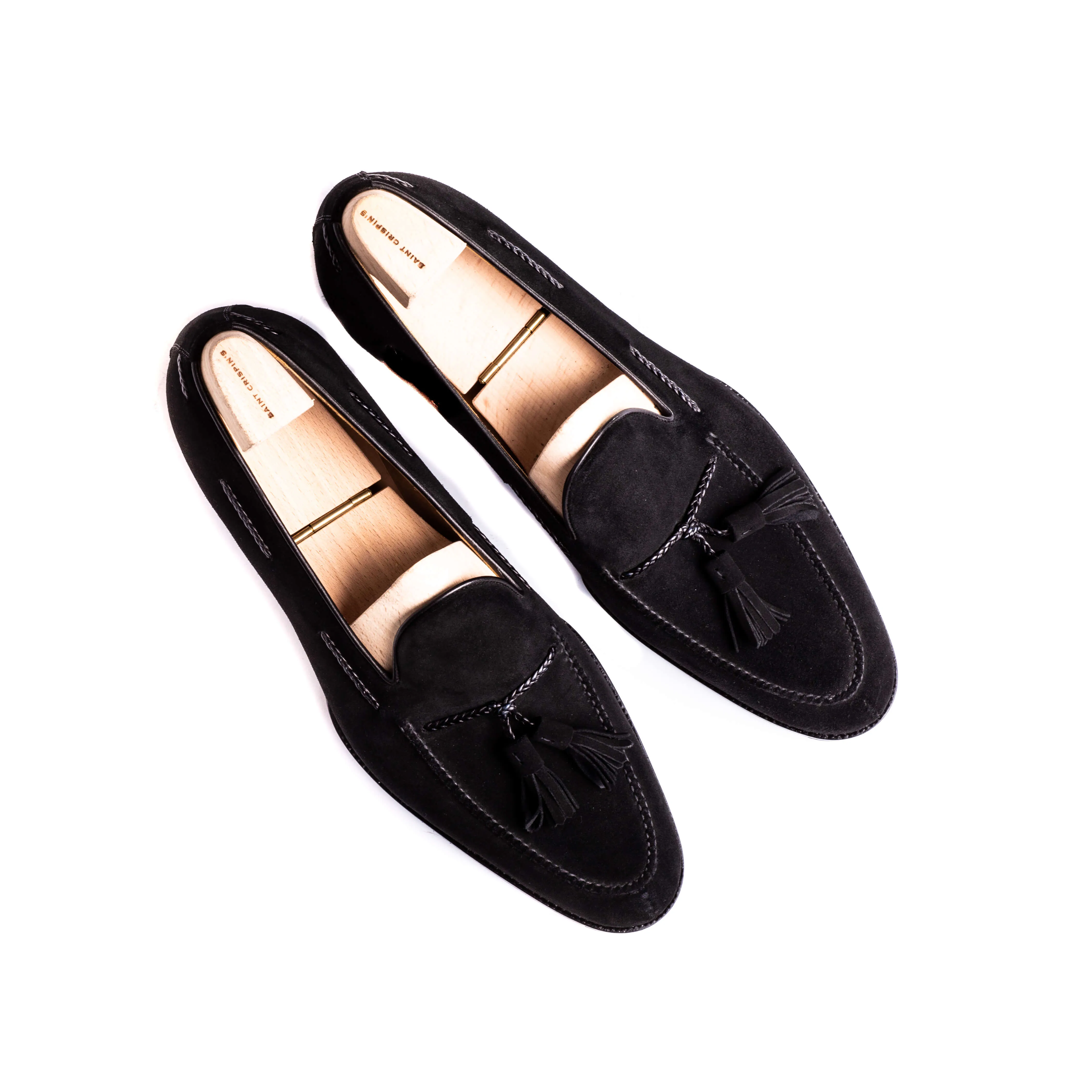 Tassel loafer with braided straps, black suede