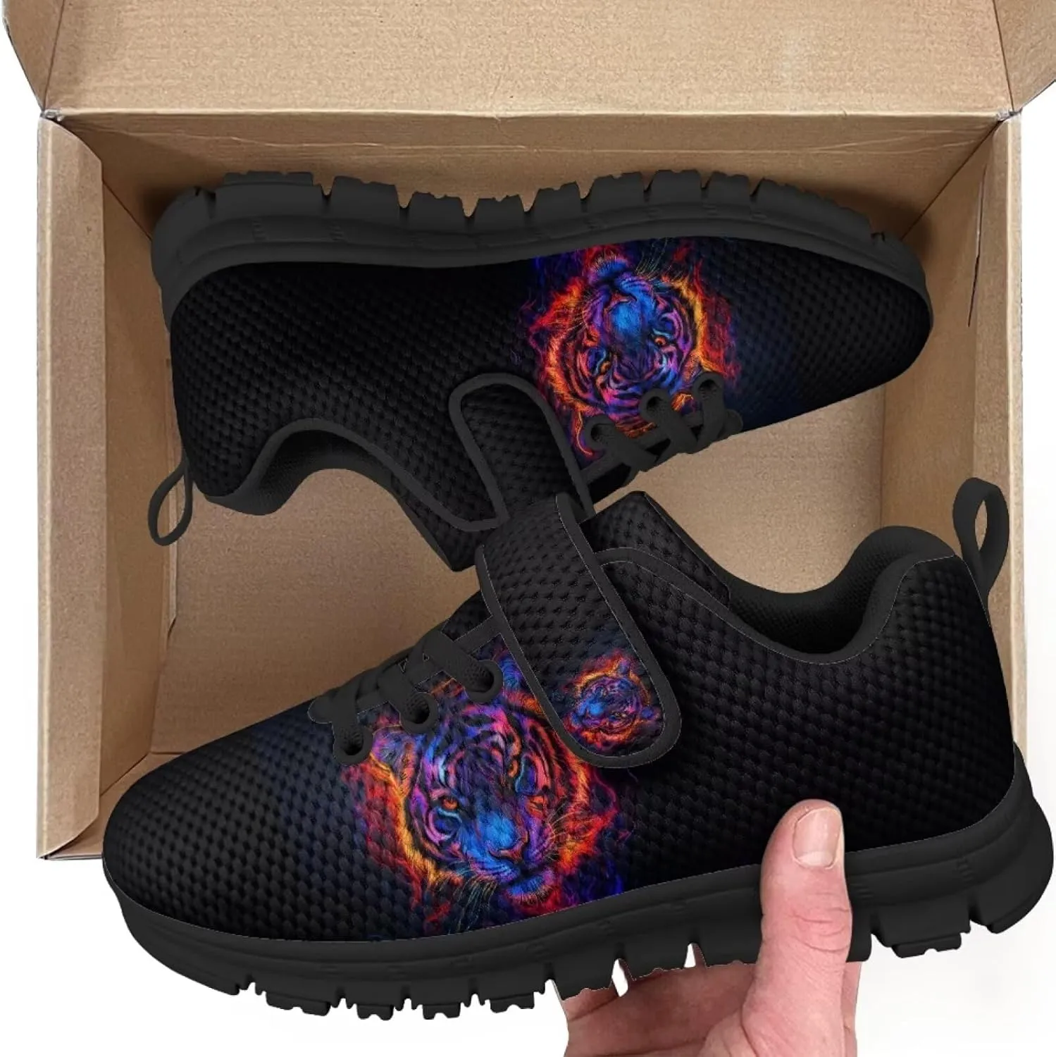 Tiger Print Kids Barefoot Shoes for Little Boys Winter Ankle Running Athletic Walking Strap Sneakers