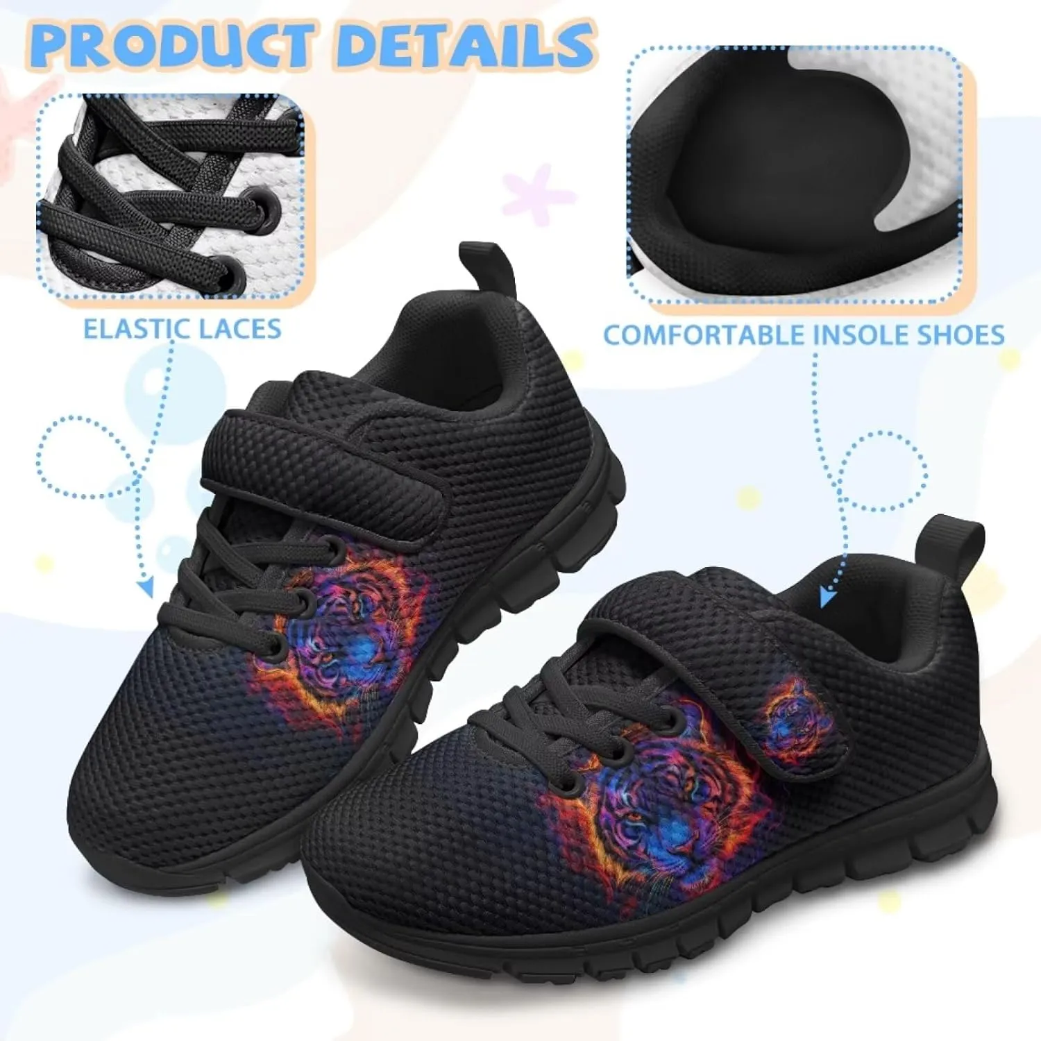 Tiger Print Kids Barefoot Shoes for Little Boys Winter Ankle Running Athletic Walking Strap Sneakers