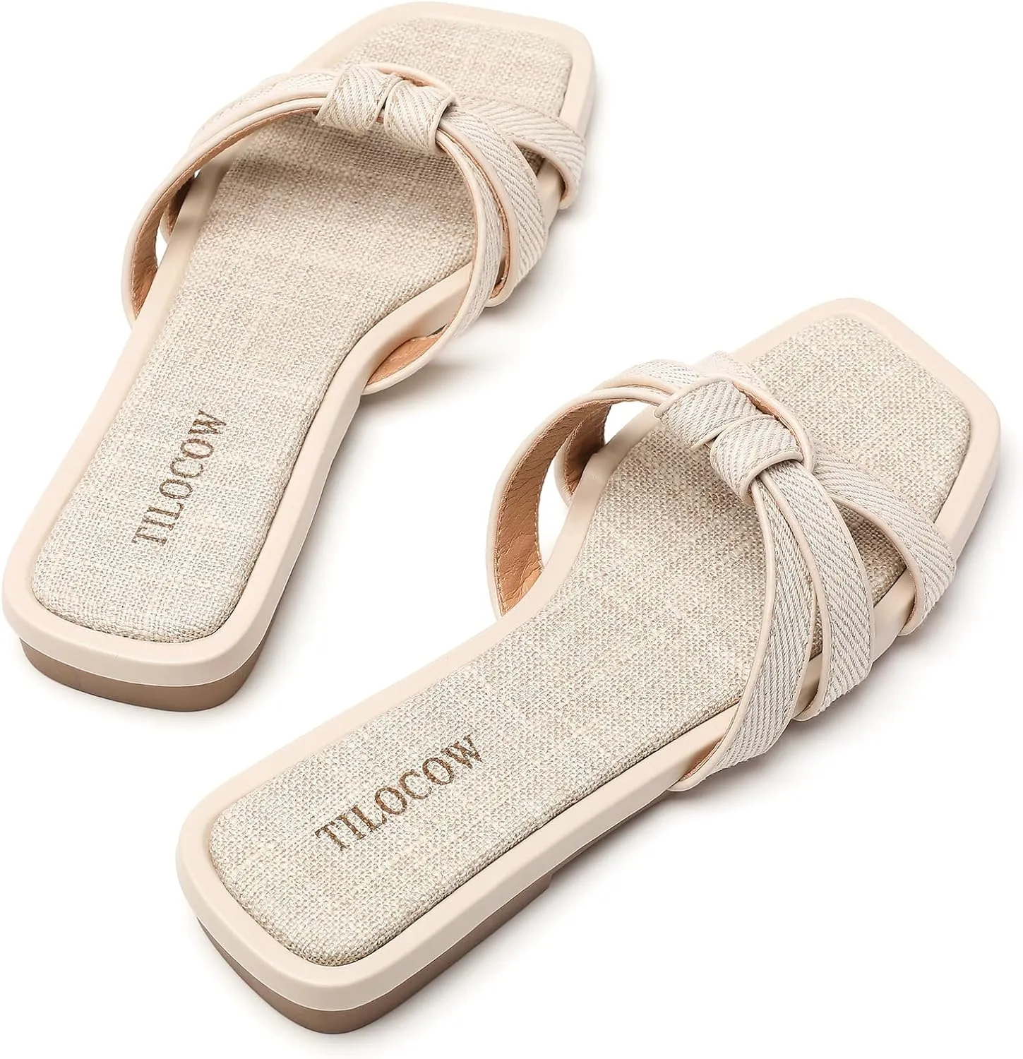 Tilocow Women Flat Sandals Slip On Comfortable Square Open Toe Slides Vacation Shoes