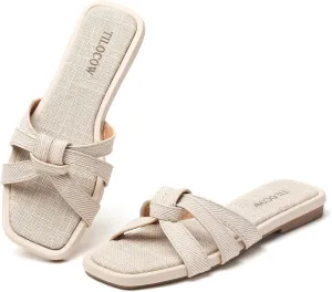 Tilocow Women Flat Sandals Slip On Comfortable Square Open Toe Slides Vacation Shoes