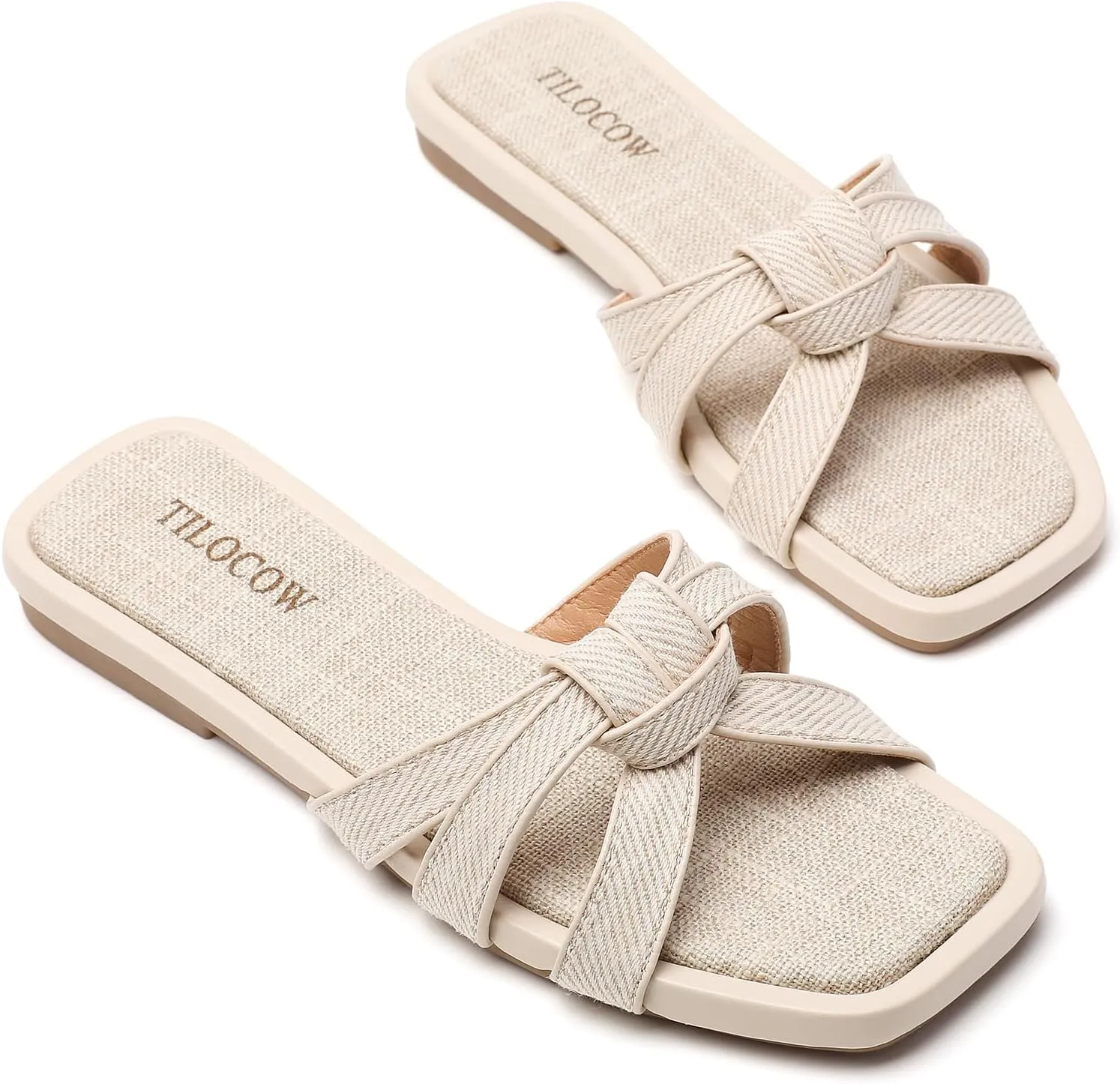 Tilocow Women Flat Sandals Slip On Comfortable Square Open Toe Slides Vacation Shoes