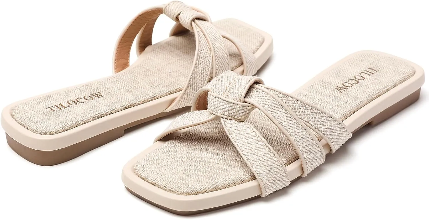Tilocow Women Flat Sandals Slip On Comfortable Square Open Toe Slides Vacation Shoes