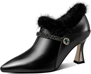 TinaCus Women's Handmade Genuine Leather and Fur Side Zip Up High Heel Pointed Toe Oxford Pumps with Green Crystal Decor