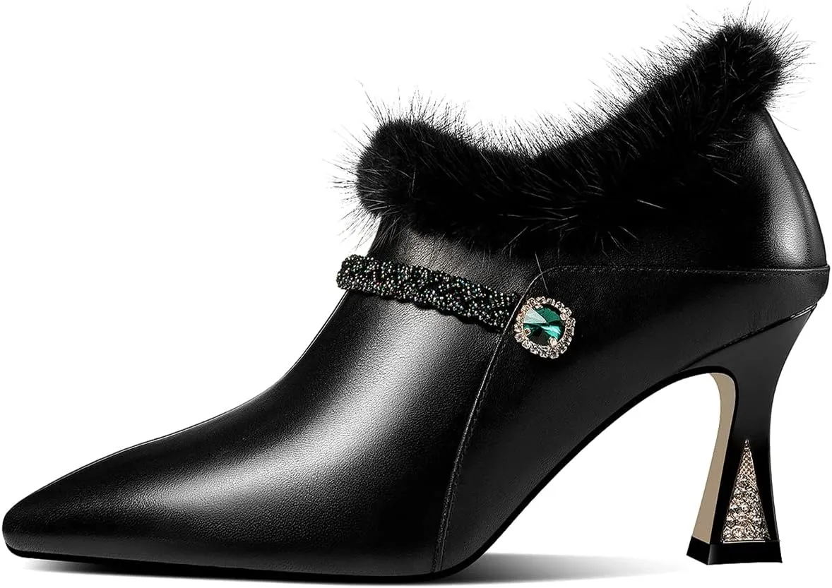 TinaCus Women's Handmade Genuine Leather and Fur Side Zip Up High Heel Pointed Toe Oxford Pumps with Green Crystal Decor