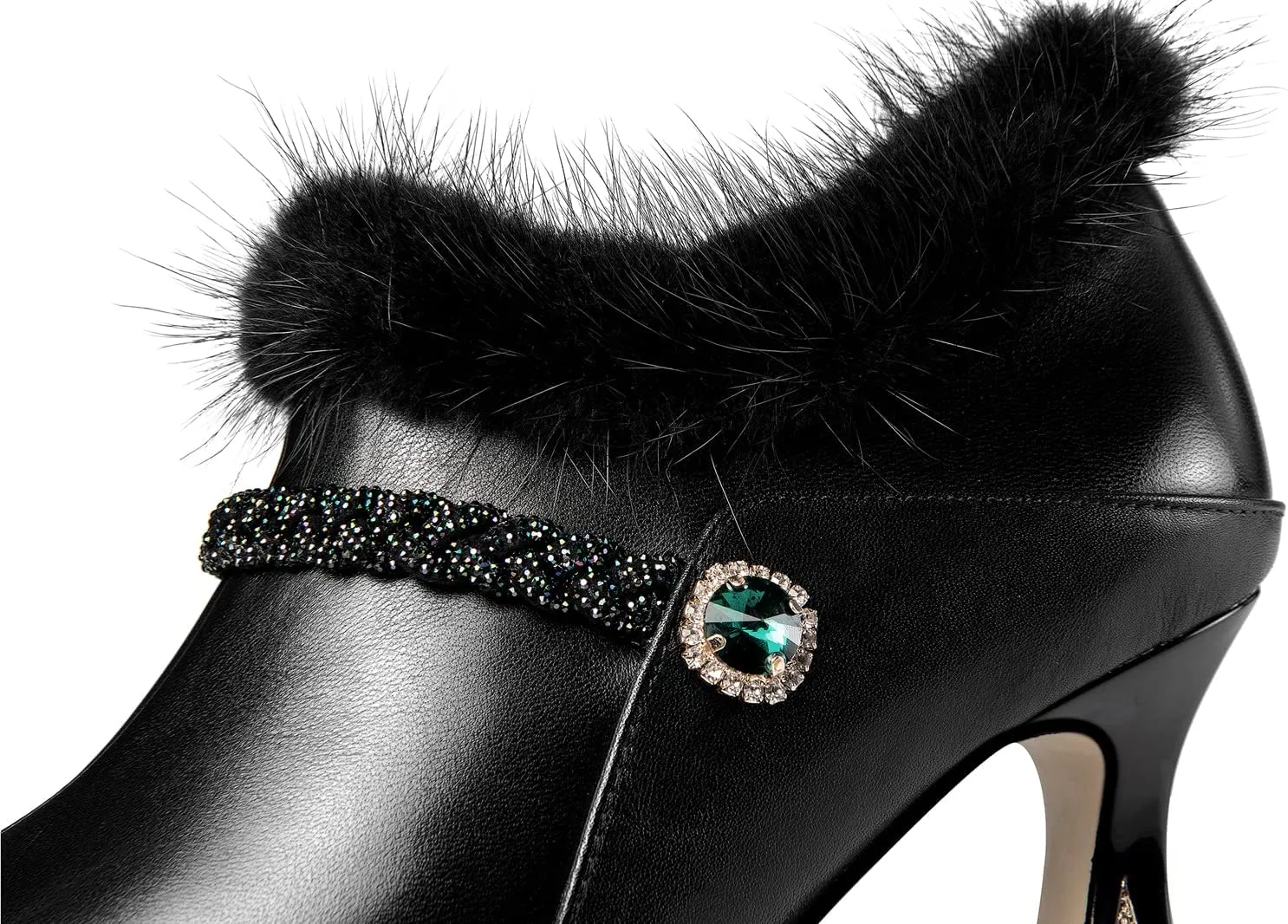 TinaCus Women's Handmade Genuine Leather and Fur Side Zip Up High Heel Pointed Toe Oxford Pumps with Green Crystal Decor