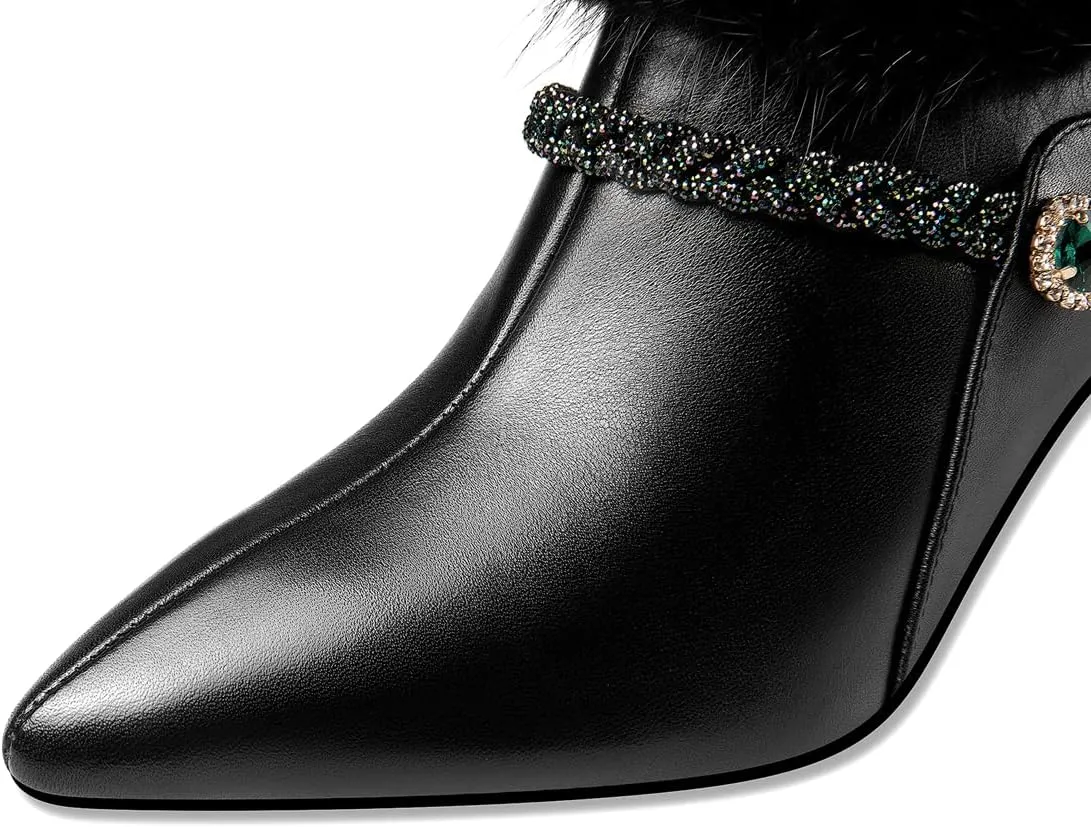 TinaCus Women's Handmade Genuine Leather and Fur Side Zip Up High Heel Pointed Toe Oxford Pumps with Green Crystal Decor