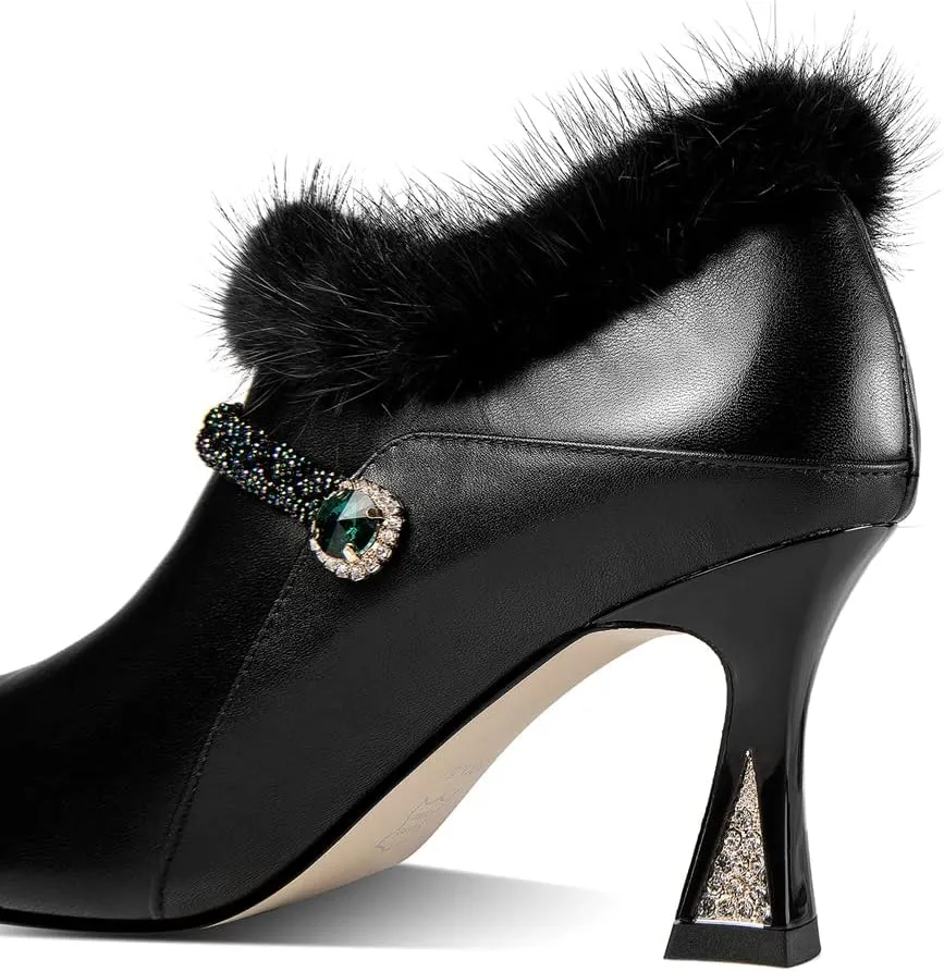 TinaCus Women's Handmade Genuine Leather and Fur Side Zip Up High Heel Pointed Toe Oxford Pumps with Green Crystal Decor