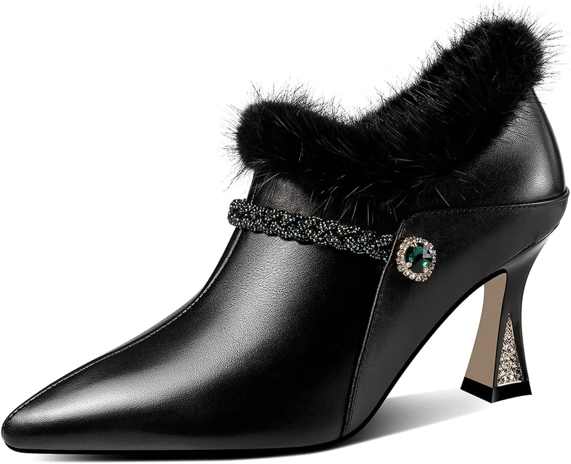 TinaCus Women's Handmade Genuine Leather and Fur Side Zip Up High Heel Pointed Toe Oxford Pumps with Green Crystal Decor