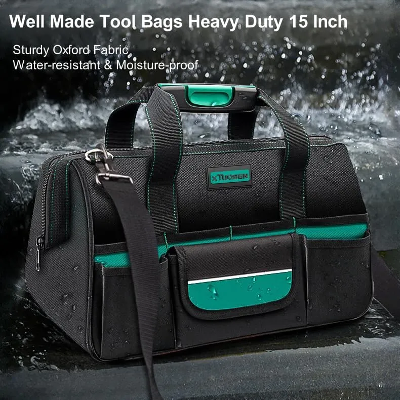 Tool Bag Heavy Duty 16.5-Inch with 16 Pockets Portable Handle Adjustable Shoulder Strap Waterproof Wide Mouth Tools Storage Organizer Carry Tote Box for Craftsman Electrician Mechanic (15-Inch)