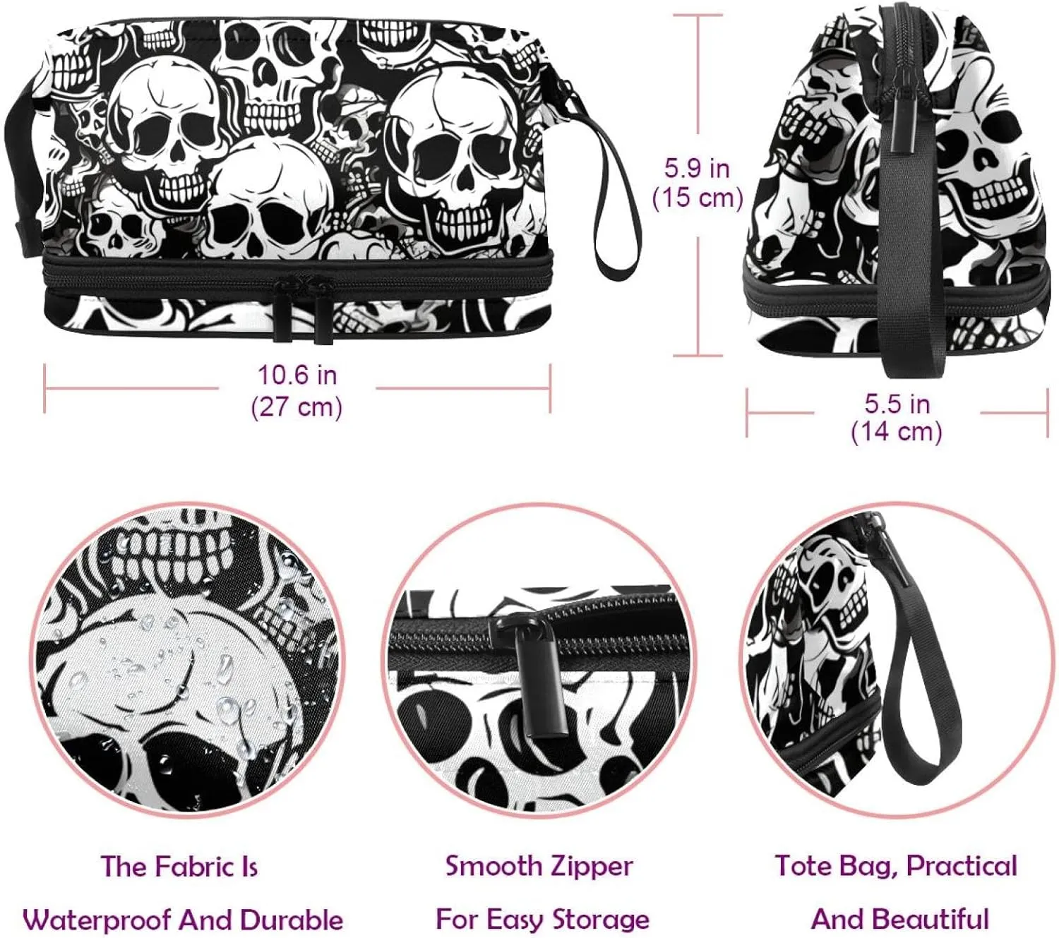 Travel Toiletry Bag,Small Makeup Bag,Vintage Black White Skull,Make up Bags for Women