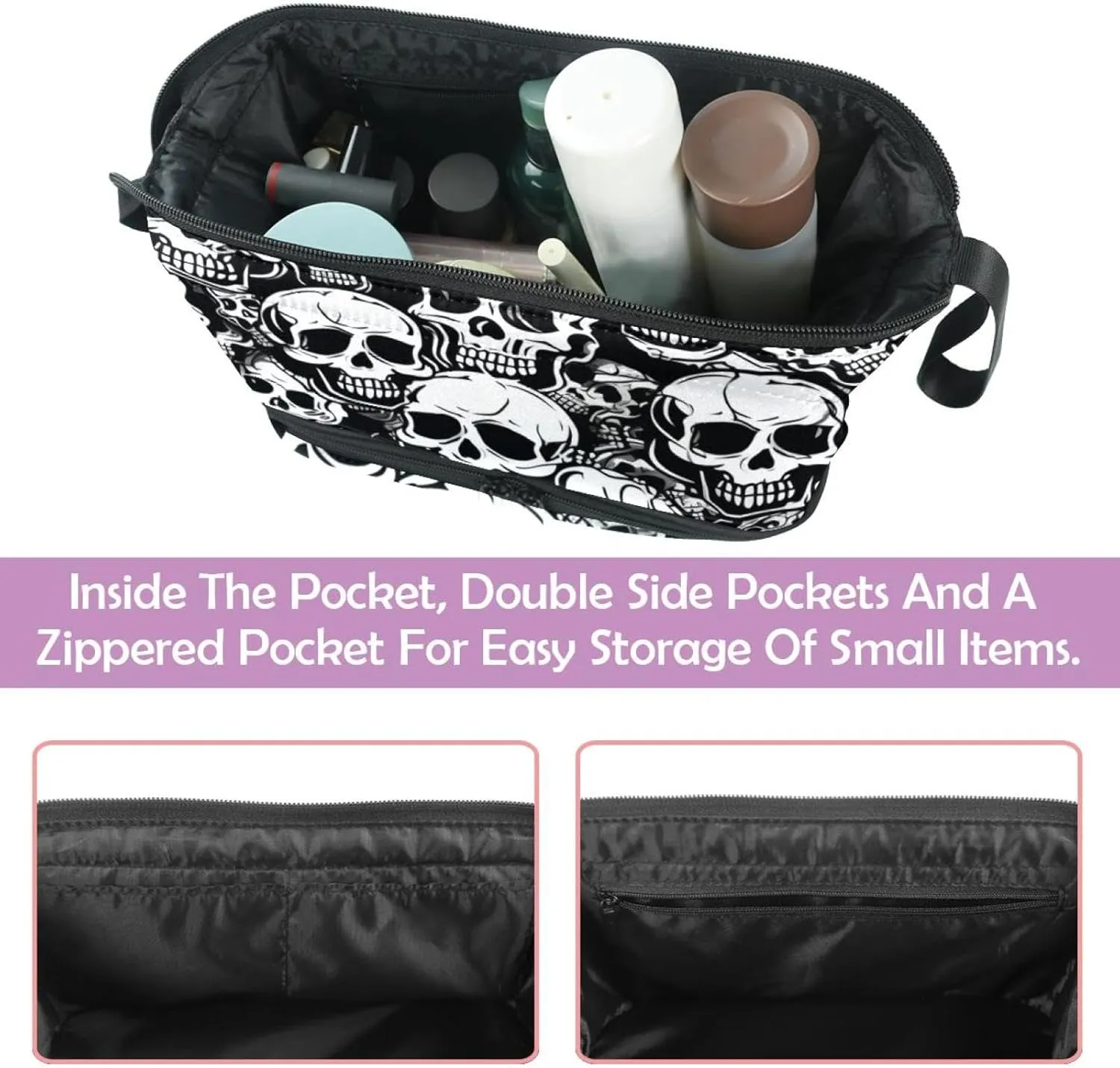 Travel Toiletry Bag,Small Makeup Bag,Vintage Black White Skull,Make up Bags for Women