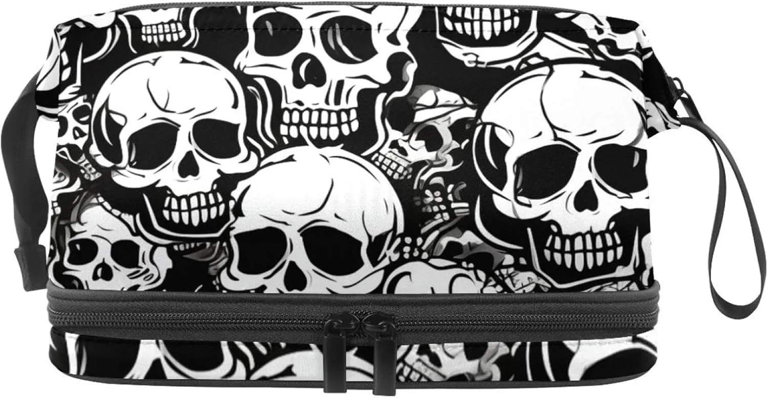 Travel Toiletry Bag,Small Makeup Bag,Vintage Black White Skull,Make up Bags for Women