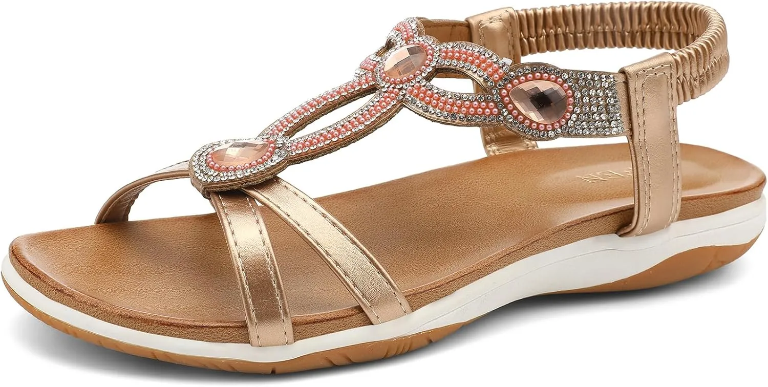 UBFEN Flat Sandals For Women Dressy Walking Comfortable Sandal With Rhinestone Braid Elastic Strap Summer Vacation