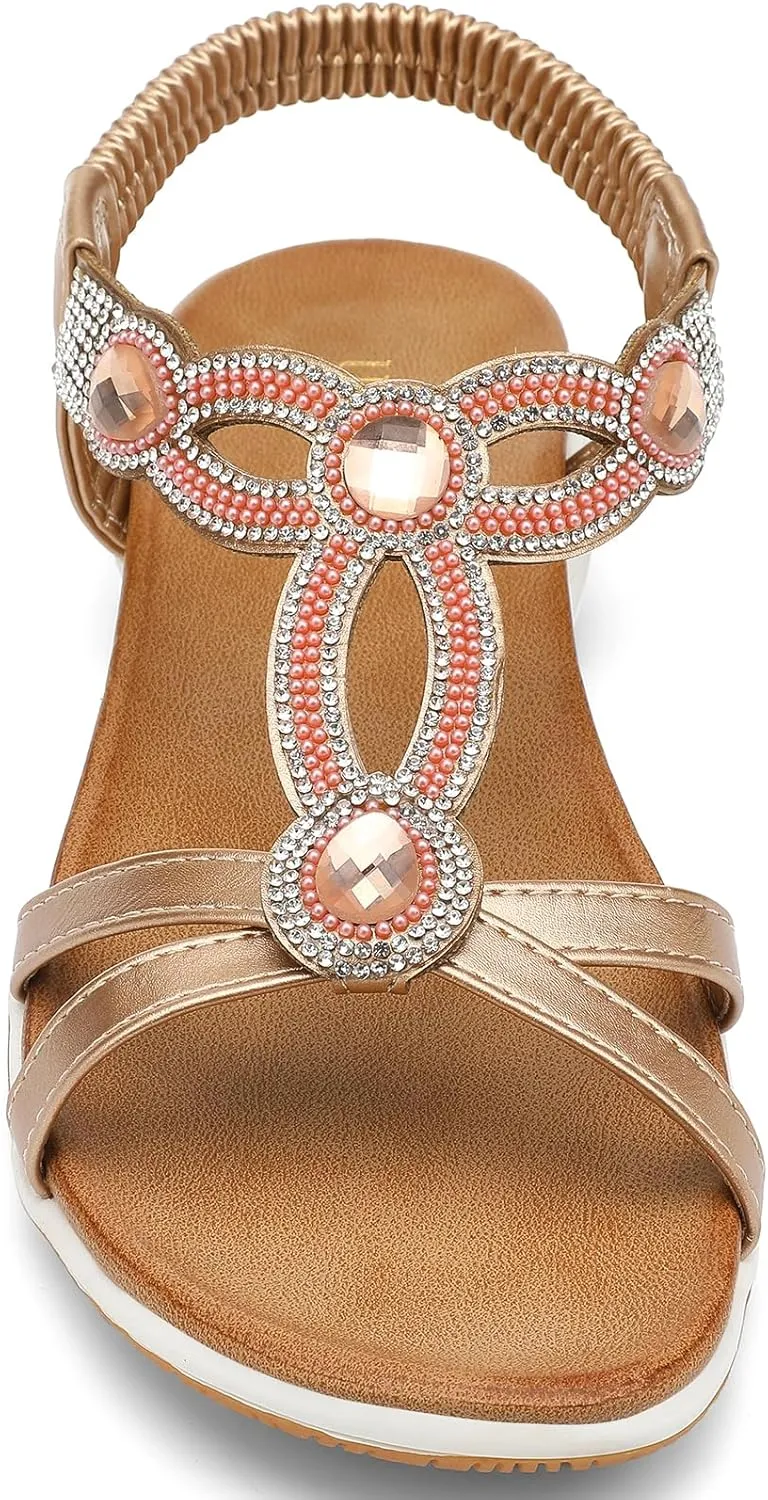 UBFEN Flat Sandals For Women Dressy Walking Comfortable Sandal With Rhinestone Braid Elastic Strap Summer Vacation