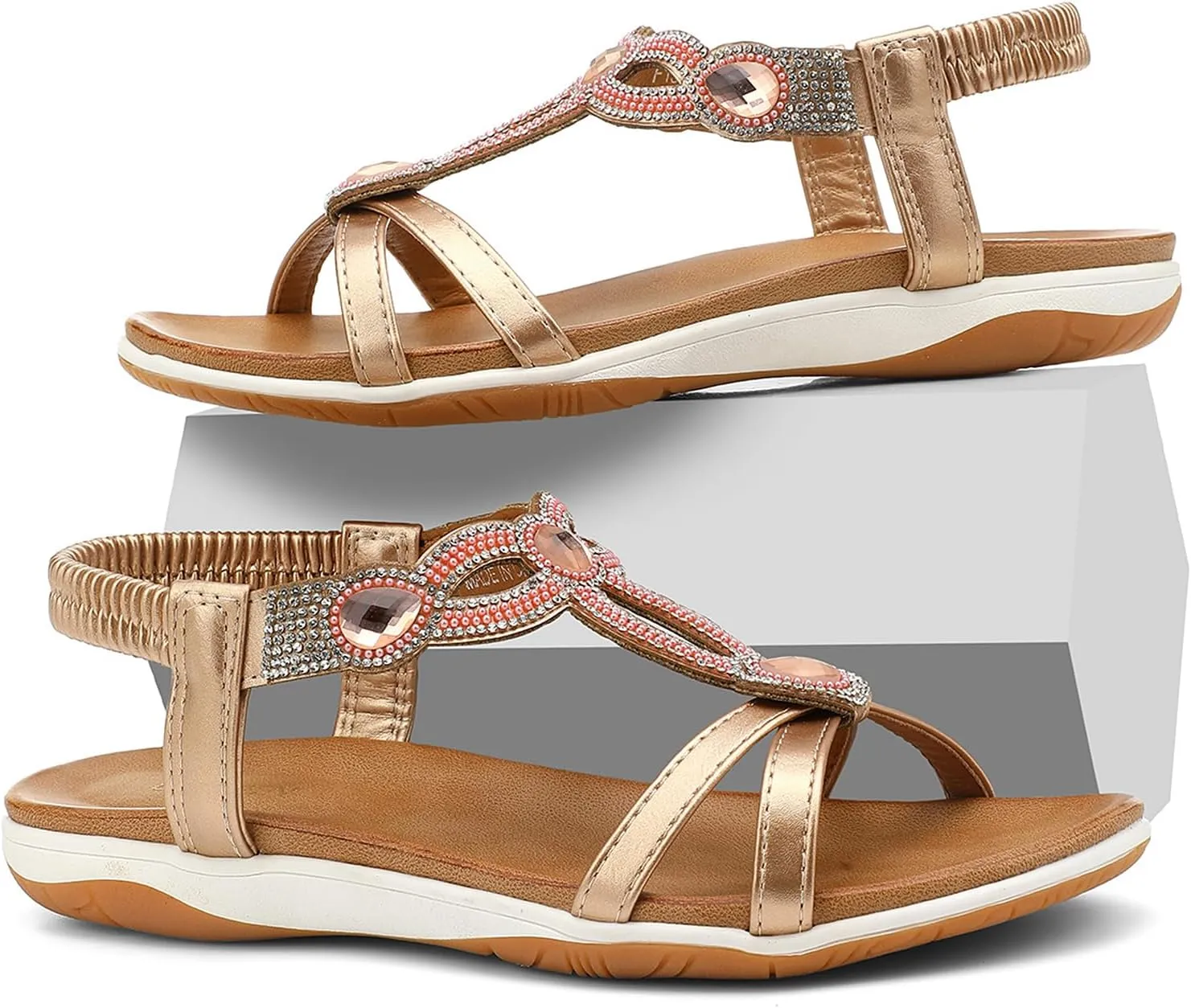 UBFEN Flat Sandals For Women Dressy Walking Comfortable Sandal With Rhinestone Braid Elastic Strap Summer Vacation