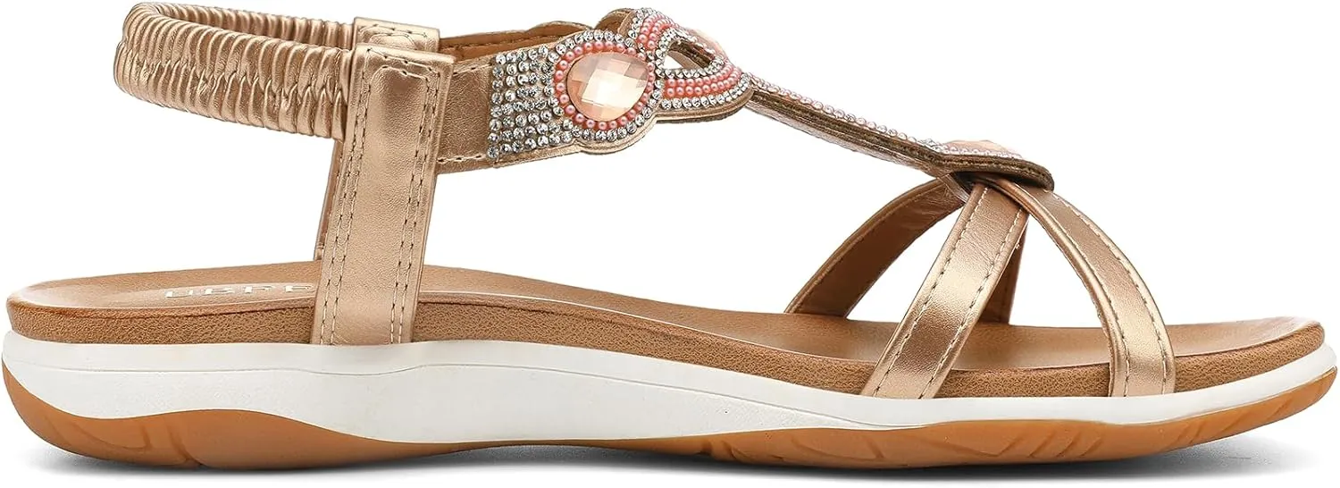 UBFEN Flat Sandals For Women Dressy Walking Comfortable Sandal With Rhinestone Braid Elastic Strap Summer Vacation