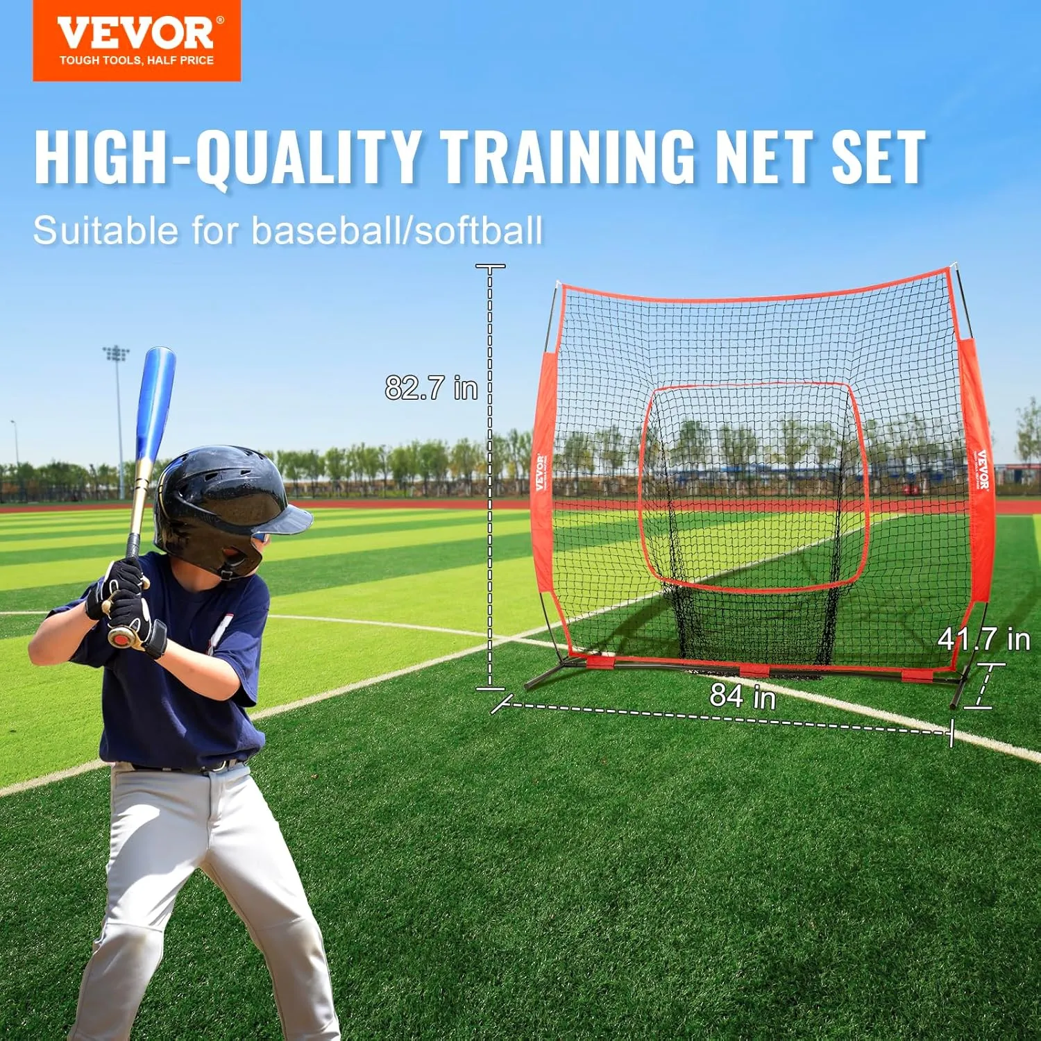 VEVOR 7x7ft Baseball Softball Practice Net, Portable Baseball Training Net for Hitting Batting Catching Pitching, Backstop Baseball Equipment Training Net