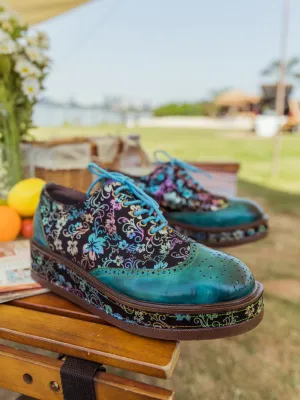 Vicconfy | TEAL FLORAL LEATHER PLATFORM OXFORD