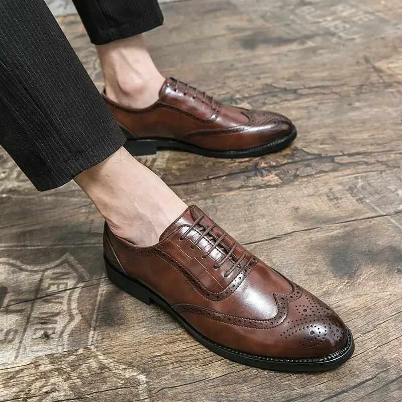 Vintage Height Increase Dress Shoes Spring Men Breathable Lace-Up Loafers Classic Comfortable Business Leather Shoes