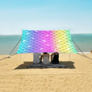Vivid Rainbow Mermaid Scales Beach Canopy Tent Anti-UV & Wind Resistant, Glitter Sparkling Camping Sun Shelter Easy Setup Portable,Outdoor Shade Tents with Sandbags,Sand Shovels,Ground Pegs & St