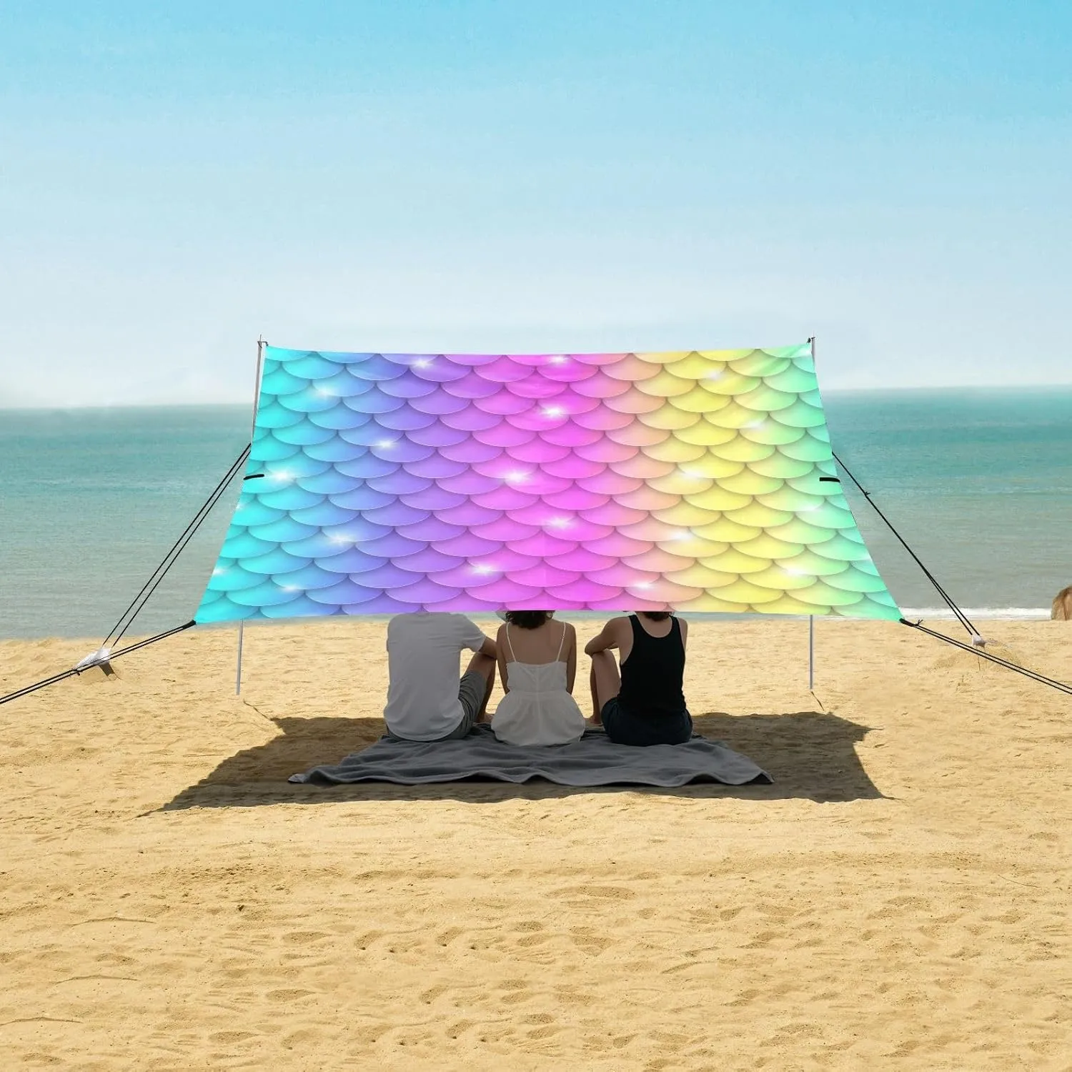 Vivid Rainbow Mermaid Scales Beach Canopy Tent Anti-UV & Wind Resistant, Glitter Sparkling Camping Sun Shelter Easy Setup Portable,Outdoor Shade Tents with Sandbags,Sand Shovels,Ground Pegs & St