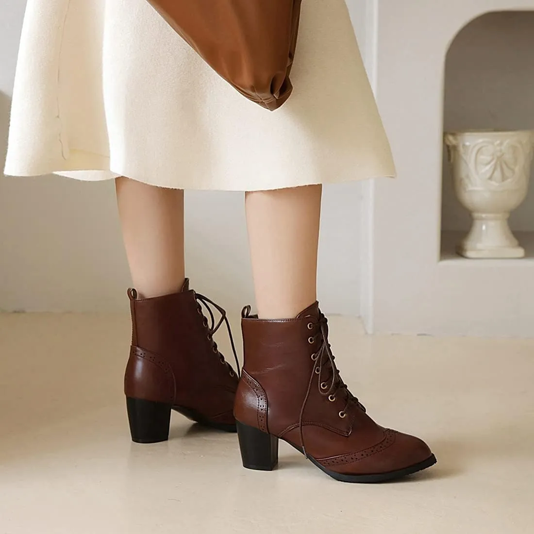 VOKLIN Women's Chunky Block Mid Heel Dressy Ankle Boots Round Toe Lace Up Western Oxford Dress Short Booties