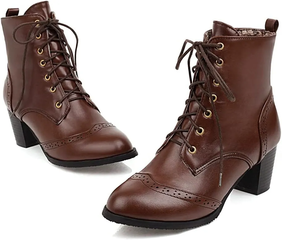 VOKLIN Women's Chunky Block Mid Heel Dressy Ankle Boots Round Toe Lace Up Western Oxford Dress Short Booties