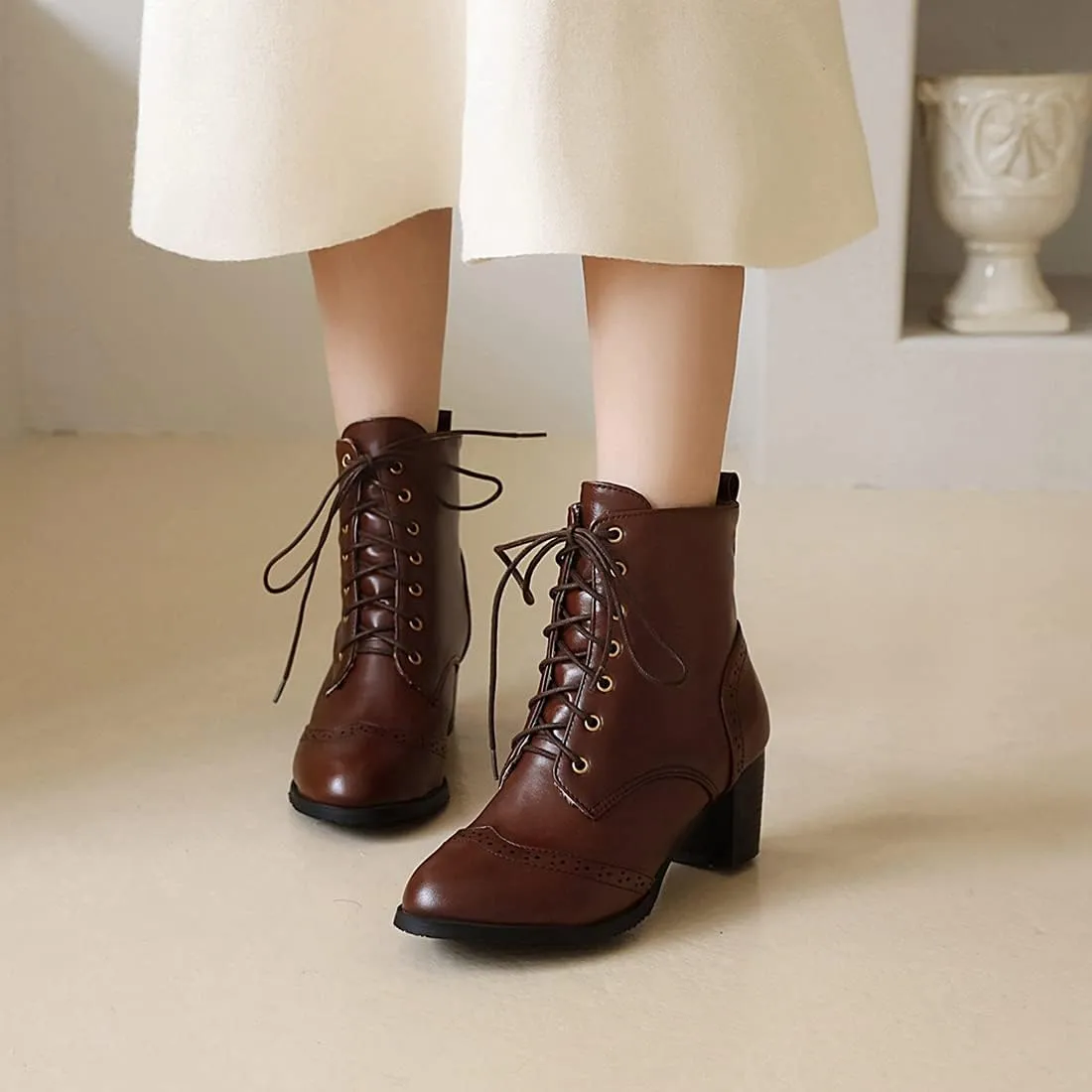 VOKLIN Women's Chunky Block Mid Heel Dressy Ankle Boots Round Toe Lace Up Western Oxford Dress Short Booties
