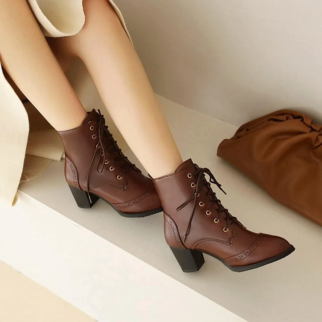 VOKLIN Women's Chunky Block Mid Heel Dressy Ankle Boots Round Toe Lace Up Western Oxford Dress Short Booties