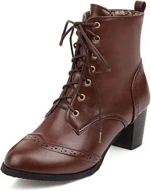 VOKLIN Women's Chunky Block Mid Heel Dressy Ankle Boots Round Toe Lace Up Western Oxford Dress Short Booties