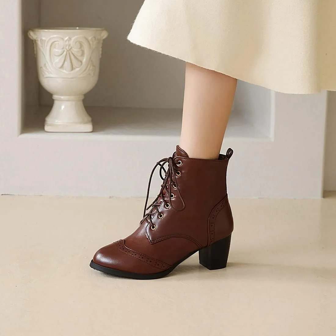 VOKLIN Women's Chunky Block Mid Heel Dressy Ankle Boots Round Toe Lace Up Western Oxford Dress Short Booties