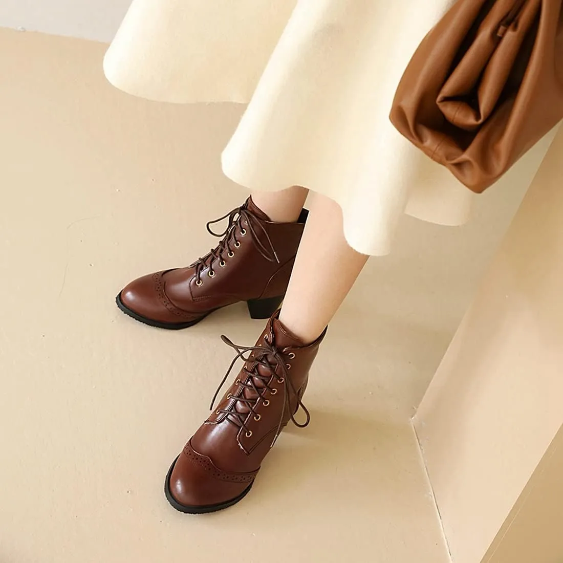 VOKLIN Women's Chunky Block Mid Heel Dressy Ankle Boots Round Toe Lace Up Western Oxford Dress Short Booties