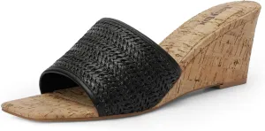 Wedge Sandals for Women Open Toe Wedge Heels Womens High Heel Sandal Square Toe Heeled Wedge Sandals Wood Grain Slip on Wedge Mules
