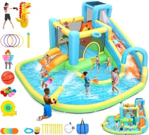 Whubefy 12.8x12FT Water Bounce House for Kids, 13-in-1 Inflatable Water Park with Catch Ball Set/Punching Bag/Toss Rings/Water Soaker Balls/Splash Pool/Water Cannon/Climbing Wall/Basketball Hoop