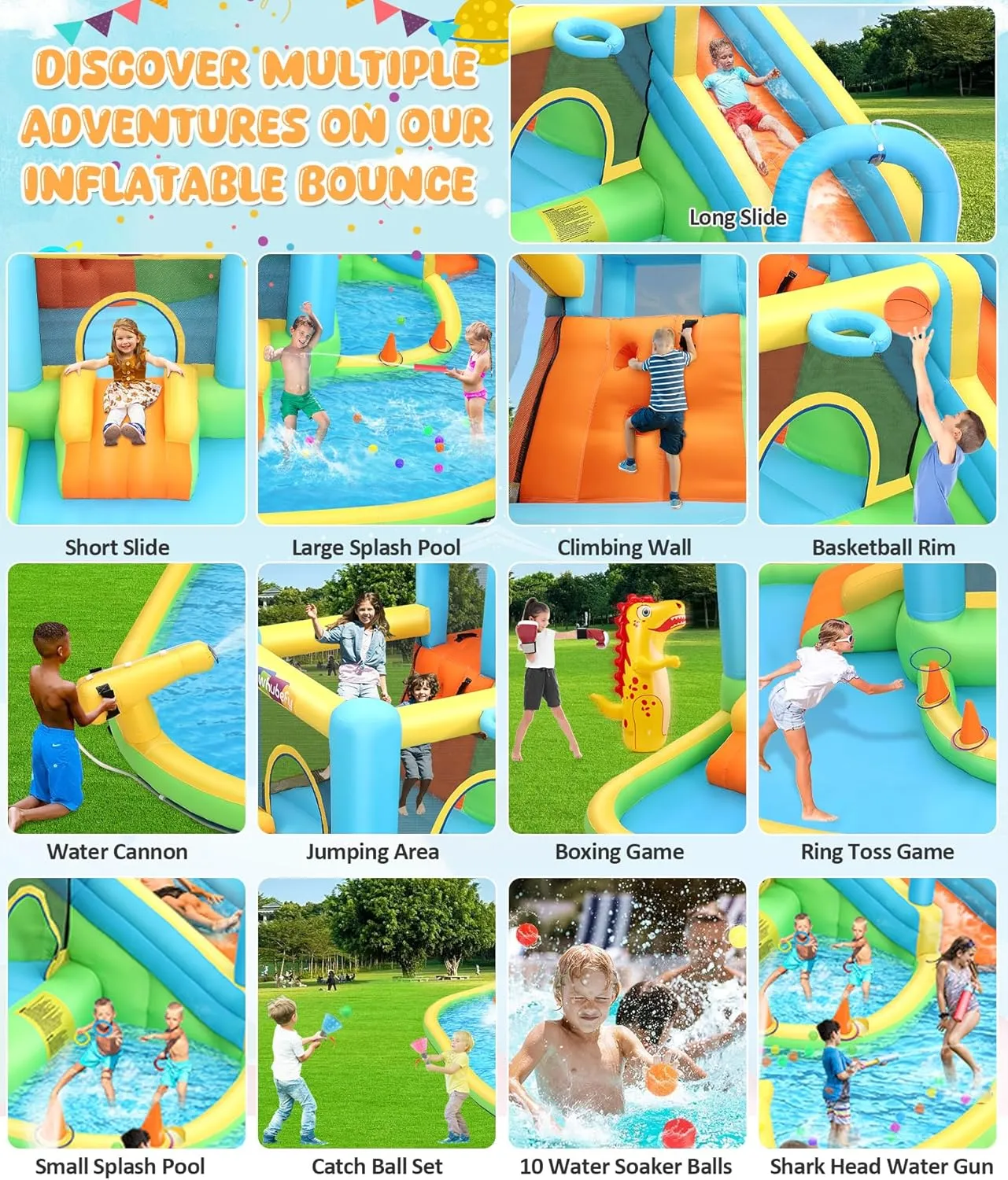 Whubefy 12.8x12FT Water Bounce House for Kids, 13-in-1 Inflatable Water Park with Catch Ball Set/Punching Bag/Toss Rings/Water Soaker Balls/Splash Pool/Water Cannon/Climbing Wall/Basketball Hoop